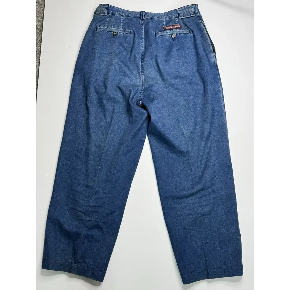 Tommy Hilfiger Vintage Mens 34x32 Blue Cotton Pants Pleated Baggy 90s